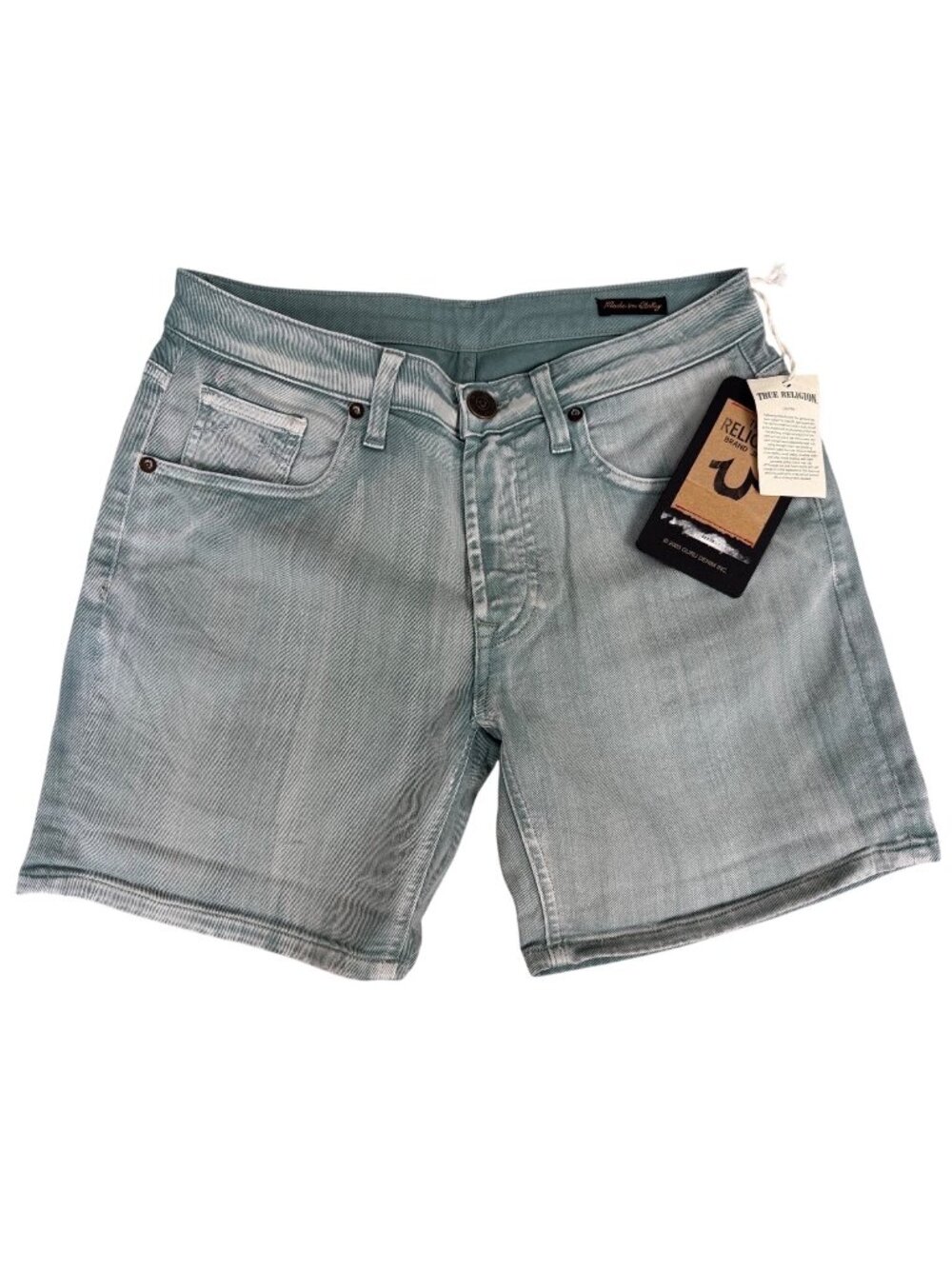 True Religion Dusty Green Light Wash Denim Shorts Womens 26  Italy Retro